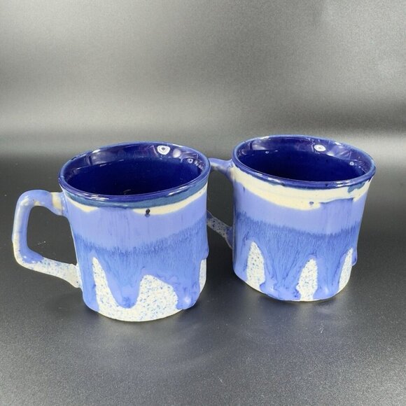 Vintage 1980s Blue Drip Glaze Pottery Coffee Mug Cup Set 2 Hand Made Stoneware - Picture 13 of 16